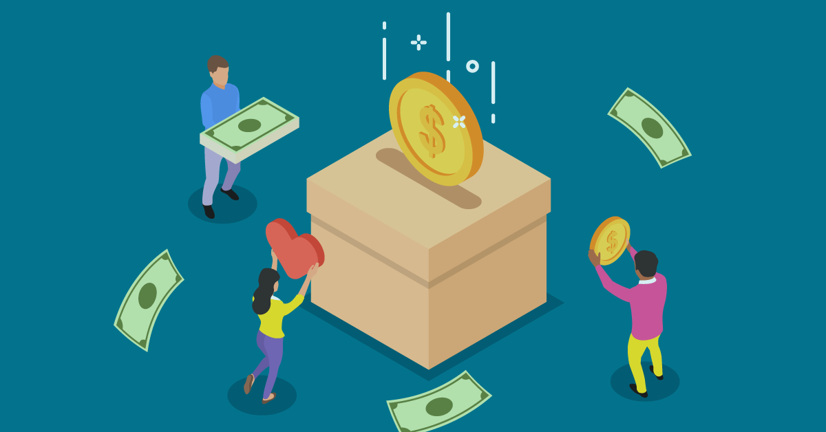 Illustration of people donating to a large donation box