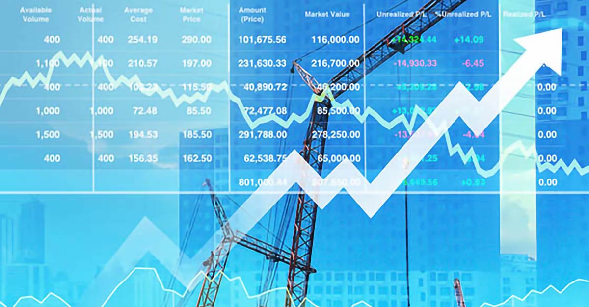Image of a construction site with financial graphs overlaid