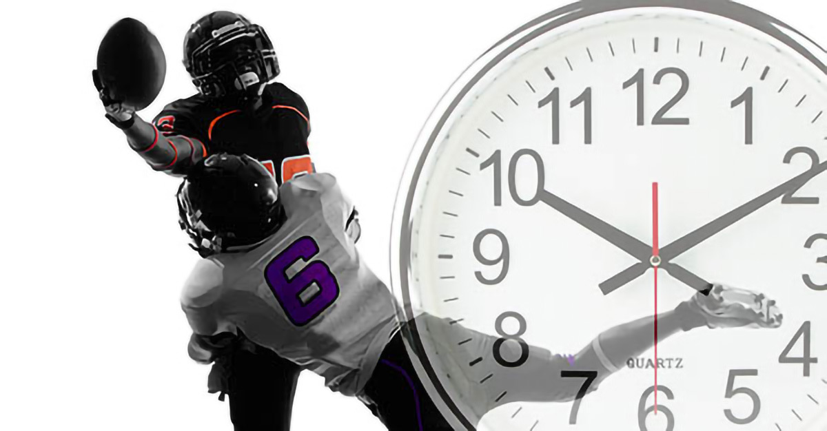 Image of a clock overlaying two football players