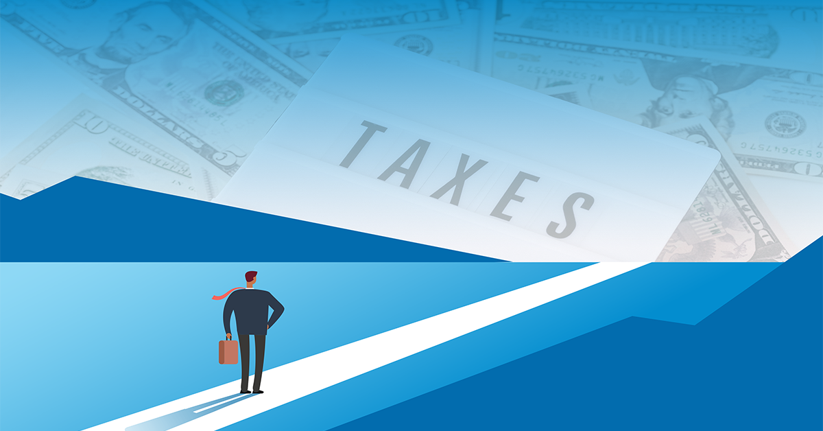 Image of a business man looking to the future and taxes