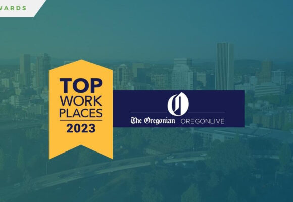 Image of the city of Portland, Oregon with the award logo for Top Workplaces 2023