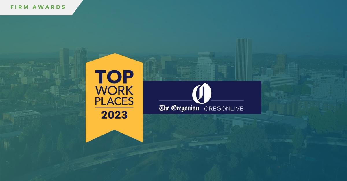 Image of the city of Portland, Oregon with the award logo for Top Workplaces 2023