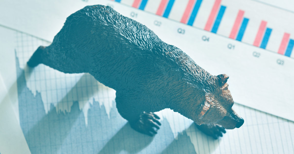 Image of a bear carving over financial reports