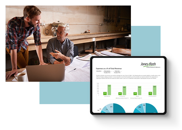Image of a family business with a financial dashboard overlay