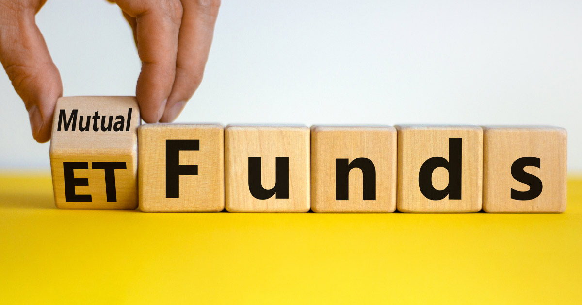 Image of blocks that spell out Mutual Funds and ETFs